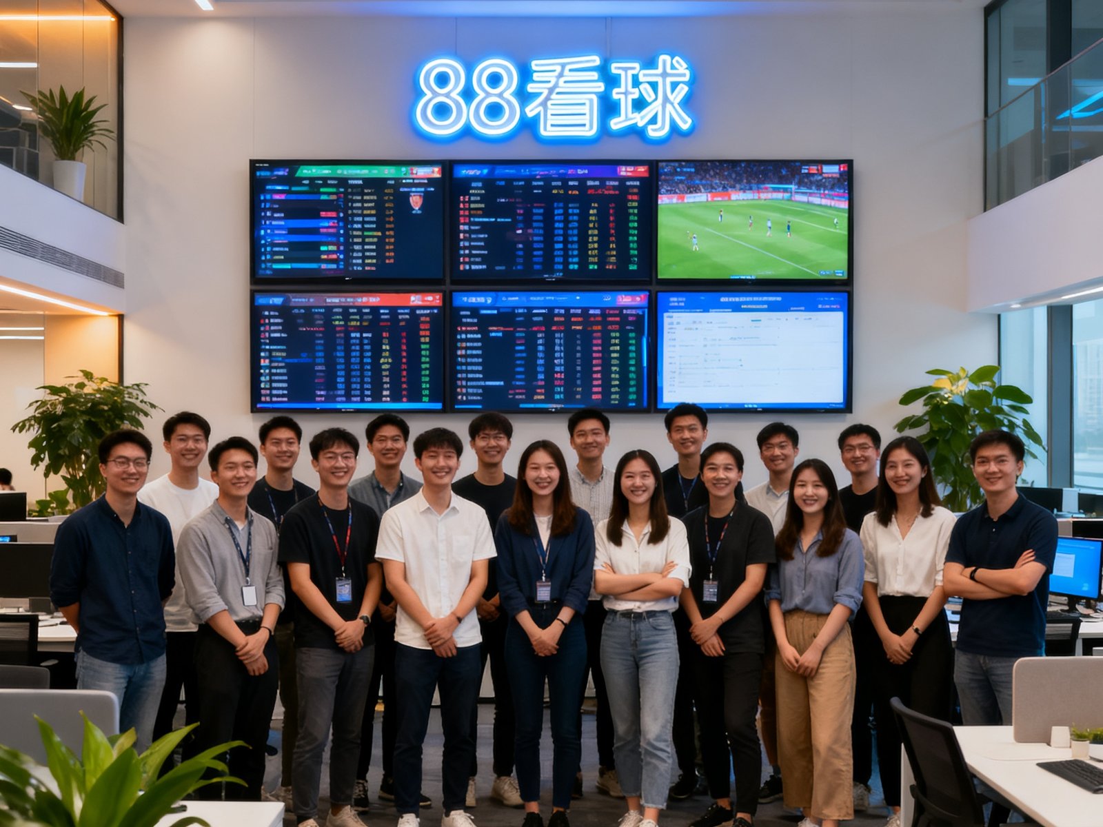 88看球团队在开放式办公室的合影，约30名年轻员工面带微笑站立，背景墙上多块屏幕显示实时赛事数据，整体呈现现代科技公司的活力氛围